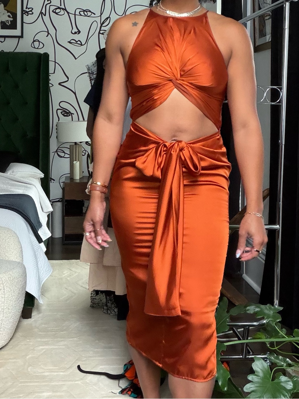 Andrea Iyamah Rust Orange Satin Cutout Tie-Front Midi Dress